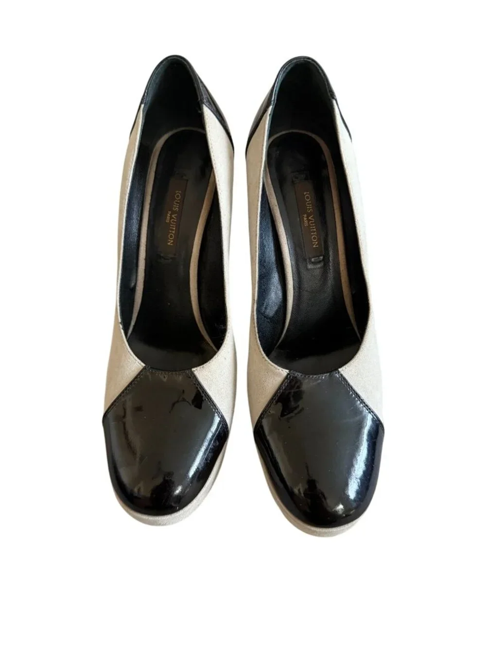 LOUIS VUITTON Gray Black Suede Patent Leather Platform Heels Size 36 / US 6